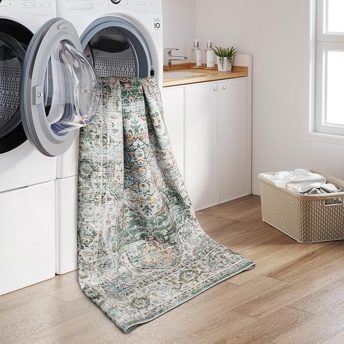 10x14 Area Rugs,Ultra-Thin Washable Rugs for Living Room,Non-Slip Lightweight Foldable Area Rug,Stain Resistant Vintage Large Rugs (Green,10'x14')