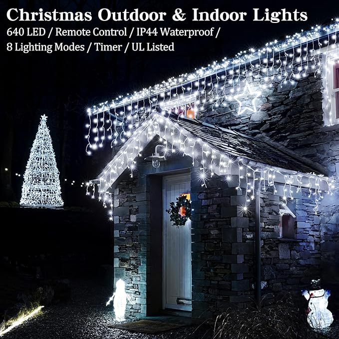 Icicle Christmas Lights Outdoor Decorations 640 LED 65.6 FT 8 Modes LED Icicle String Light with 120 Drops, Fairy String Curtain Lights for Christmas Holiday Decor Wedding Party (Cold White)