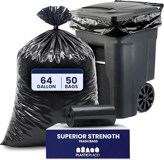 Plasticplace - W65LDBTL2RL 64-65 Gallon Trash Can Liners for Toter │ 2.0 Mil │ Black Heavy Duty Garbage Bags │ Rolls │ 49” x 59” (50 Count)