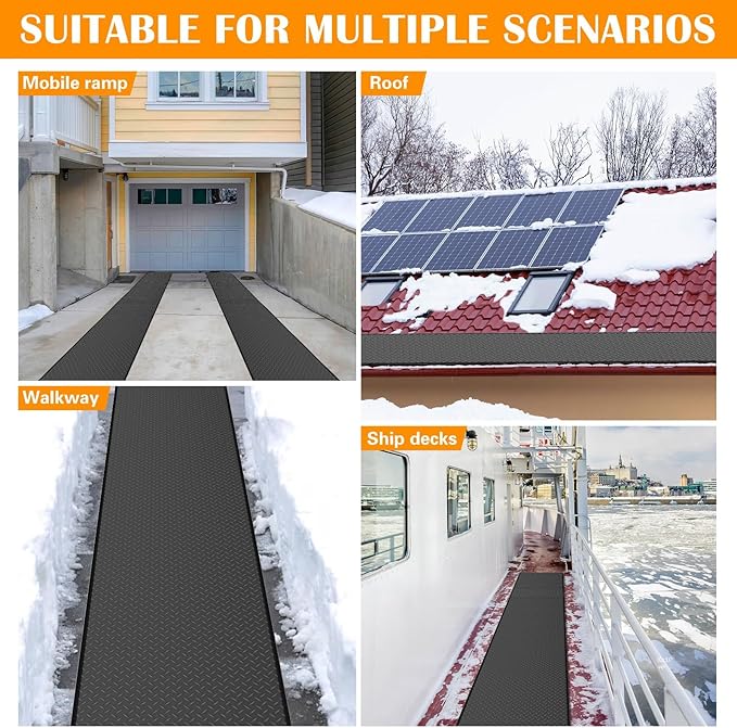 Snow Melting Mats Outdoor for Driveway and Walkways, 24in x 10 ft 1Pack No-Slip Rubber Heated Outdoor Mats with 10 ft Power Cord, 3 in/h Speed Snow and Ice Melting Pads for Backyards Snow Removal