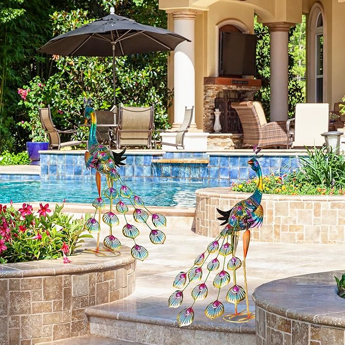 XONOR Metal Peacock Garden Statues Peacock Yard Art Outdoor Sculptures for Home Patio Lawn Backyard Décor, Set of 2 (Peacock)