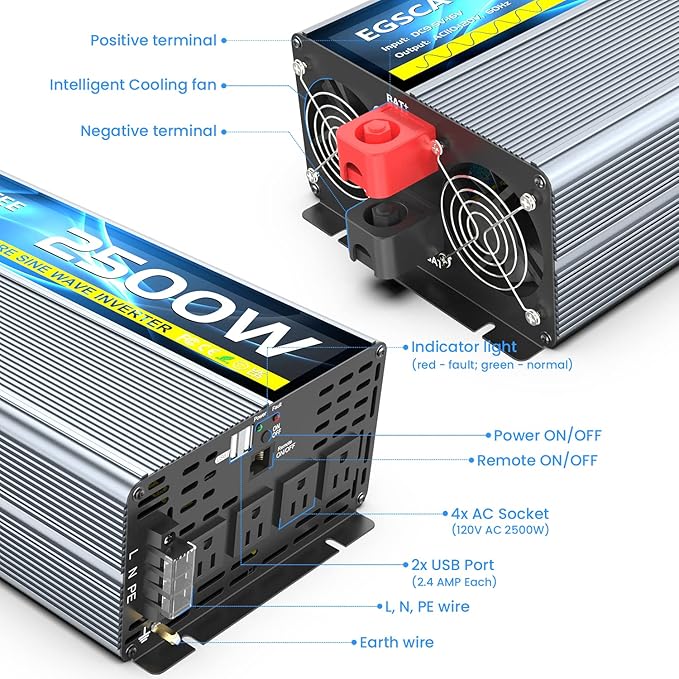 12V 2500W Pure Sine Wave Inverter 12V DC to 110V/120V AC Converter with 4AC Outlets, 5V/3.4A USB, Remote Control with on-Screen Display, Off-Grid Solar Power Inverter for Truck, Home, Vehicles, RV