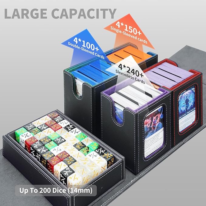 AFIING Commander Deck Box for MTG, Holds 400+ Double-Sleeved Cards, 4 Removable Deck Cases with Display Window, Dice Tray/Handle,Trading Card Storage Organizer/Dividers for TCG (Multicolore)