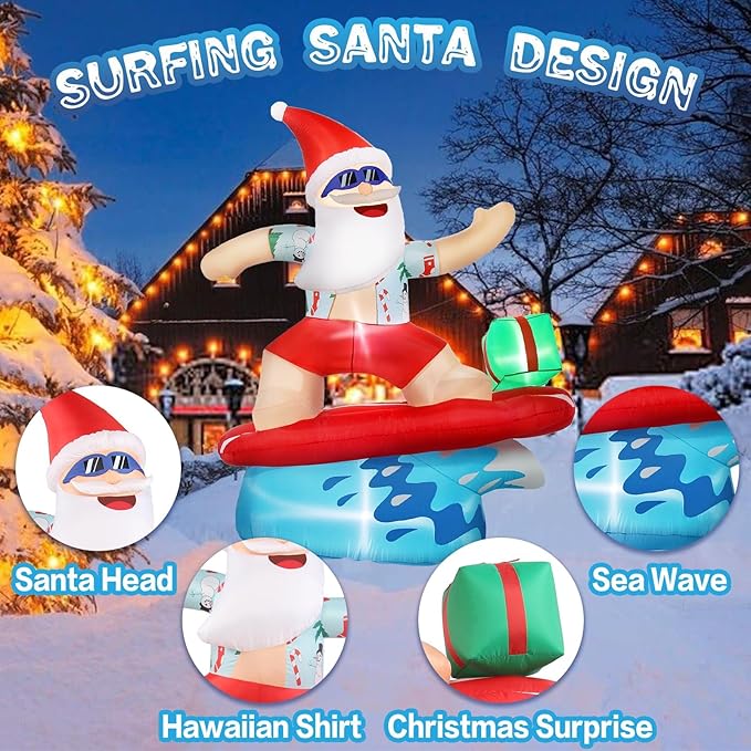 Gardentime 6.5FT Christmas Santa Claus Inflatables Outdoor Decoration Surfing Santa Fun Hawaii Giant Xmas Blowups with Built-in LED Lights for Holiday Indoor Yard Lawn Garden Outside Home Decor