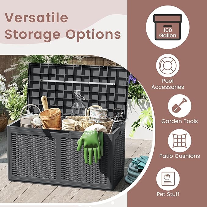 HAPPYGRILL 100 Gallon Resin Deck Box Outdoor Waterproof Storage with Lockable Lid, Rattan Texture Storage Container with Wheels for Pool Accessories, Garden Tool, Patio Furniture Cushion (Grey)
