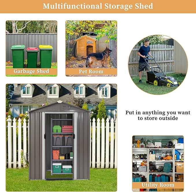 Vongrasig 5 x 3 FT Outdoor Storage Shed, Metal Shed Small Garden Tool Storage Shed with Window and Lockable Door for Outside Backyard Patio Lawn (Grey)