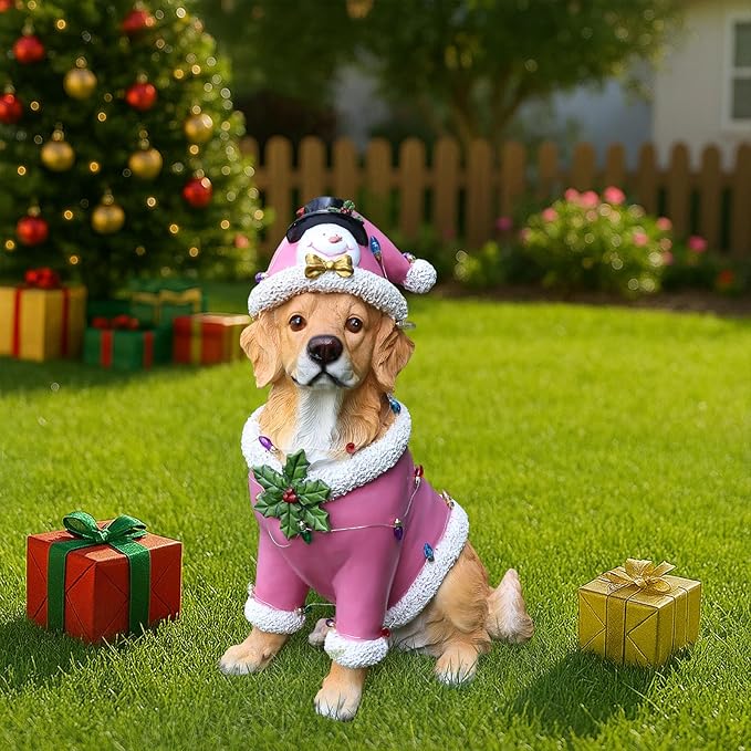 Christmas Outdoor Decoration Dog Statue, LED Light Cute Golden Retriever Dog Sculpture with Pink Santa Outfit & Lights for Garden and Yard, Indoor Holiday Décor Gift for mom and dad