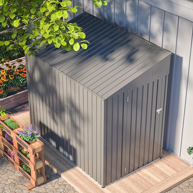 4x8 FT Outdoor Storage Shed,Lean to Lockable Metal Garden Shed Steel with Reinforced Beams,All Weather Waterproof Storage House W/Lockable Door,for Backyard,Patio,Lawn,Garden,Dark Gray