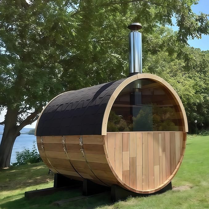 Barrel Sauna, Canadian Red Cedar Outdoor Sauna 4-6 Person,15KW Wood Burning Saunas Stove, Half Glass Window, Triple Waterproof System for Garden, Patio