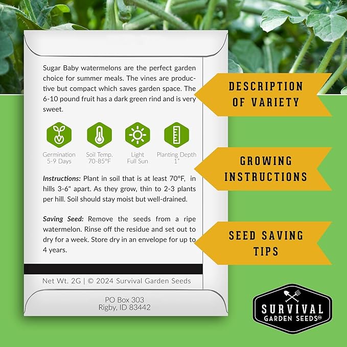 Survival Garden Seeds - Sugar Baby Watermelon Seed for Planting - 5 Packs with Instructions to Plant and Grow Little Round Watermelons in Your Home Vegetable Garden - Non-GMO Heirloom Variety