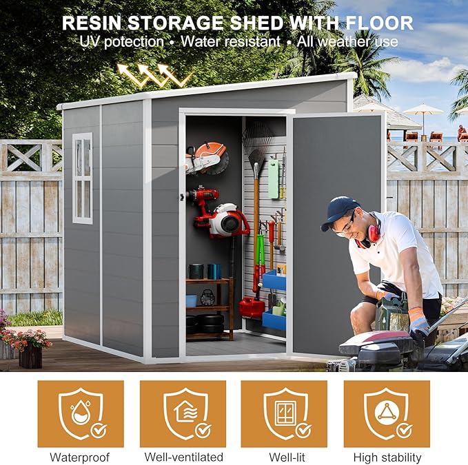 Resin Outdoor Storage Shed with Floor 5x4 FT Waterproof Plastic Sheds Kit Window Lockable Door Included, Outside Small Garden Tools Sheds for Backyard Patio
