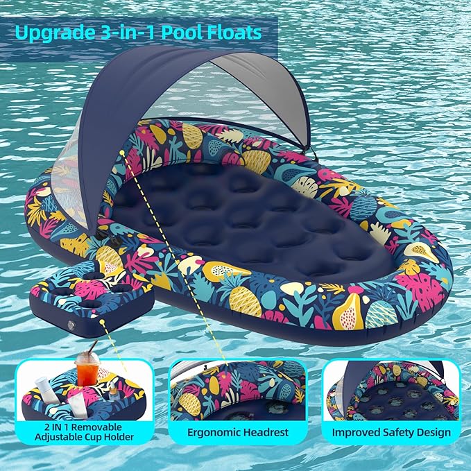 3-in-1 Pool Floats with Canopy Cup Holder, Large 73" x 48" Pool Floats Adults Heavy Duty, Inflatable Lounger Raft Floating Chair with Backrest, Swimming Pool Lake Beach Pool Party