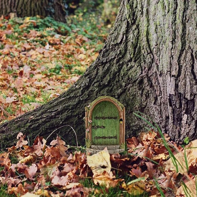 JJLFresheners 3Pcs Green Fairy Door Wooden Miniature Fairy Garden Doors Outdoor Mini Gnome House Accessories for Tree Trunk Ornaments Miniatures, Garden Sculptures and Statues, Fairy Door