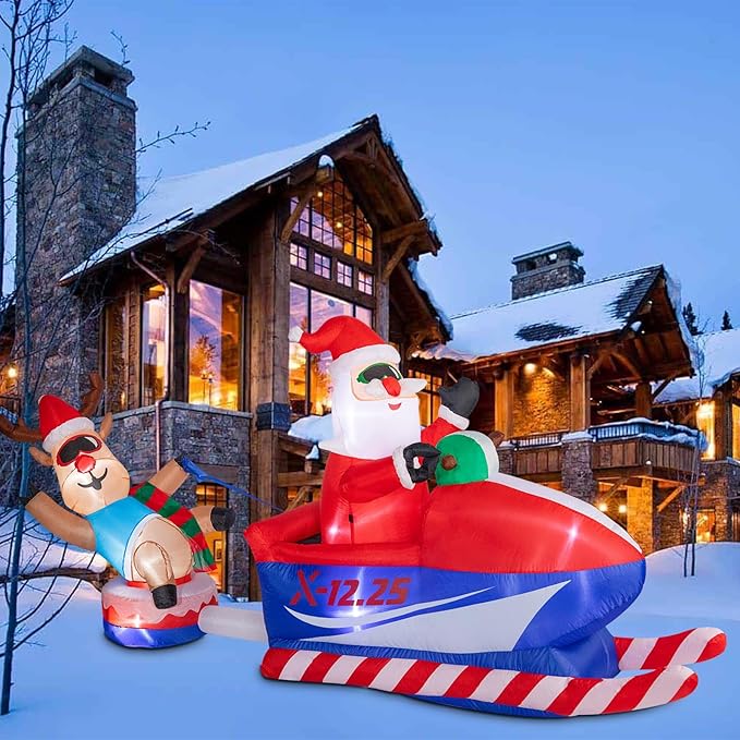 8.5 FT Christmas Inflatables Outdoor Decorations, Funny Christmas Inflatables Santa Claus and Elk Sits on a Snowmobile Blow Up Yard Decorations with Built-in Lights for Yard Lawn Garden Party Decor