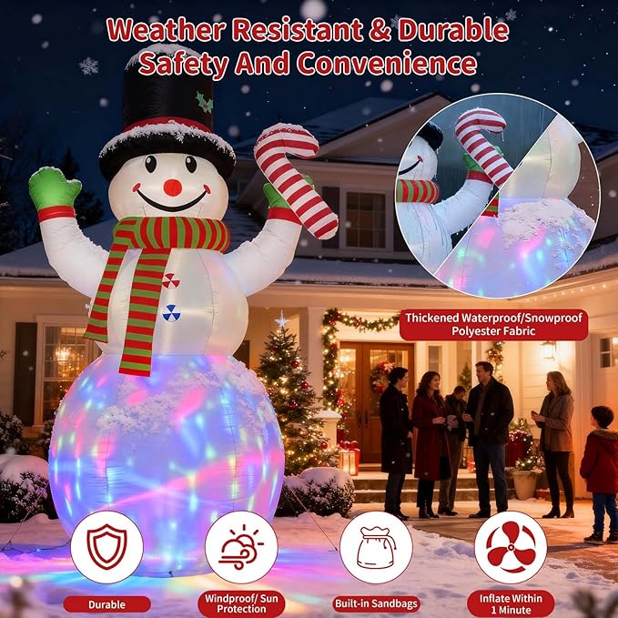 12FT Christmas Inflatables Snowman Outdoor Decorations, Giant Christmas Blow Up Snowman Inflatable in Waving Pose with Candy Cane, Rotating Colorful LED Light for Holiday Party Garden Yard Deco