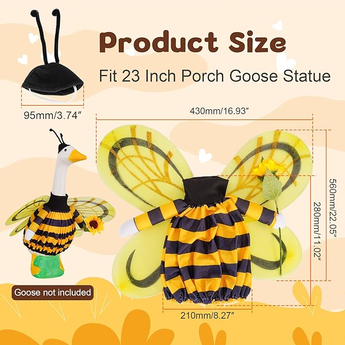 JIAYAN Porch Goose Fall Outfit: 2Pcs Cute Yellow Bee Costume Set 23"/ 17" Lawn Goose Statue Clothes for Theme Party Garden Patio Yard Outdoor Decoration