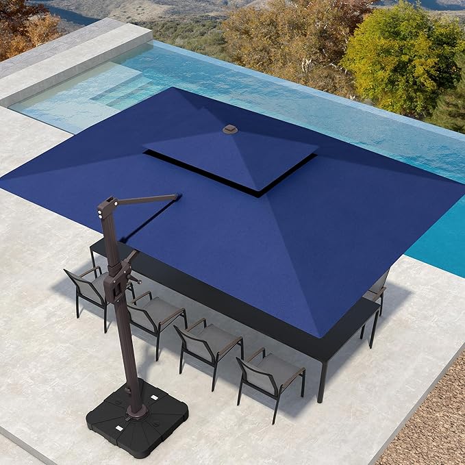 10' X 13' Patio Umbrella with Base Included Outdoor Large Rectangle Offset Cantilever Umbrellas Double Top Heavy Duty Windproof with 360-degree Rotation for Pool Garden Deck