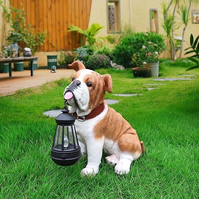 English Bulldog Statue Outdoor Decorations – Outdoor Dog Statue Fawn English Bulldog with Replaceable Solar Light & Welcome Sign for Porch Décor