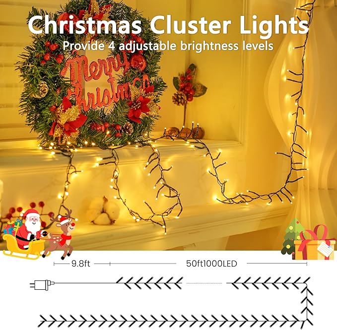 50FT 1000 LED Cluster Christmas Lights, Christmas Tree Lights Outdoor 8 Modes with Timer & Remote, Firecrackers String Lights Waterproof for Garland Party Xmas Decorations, Warm White