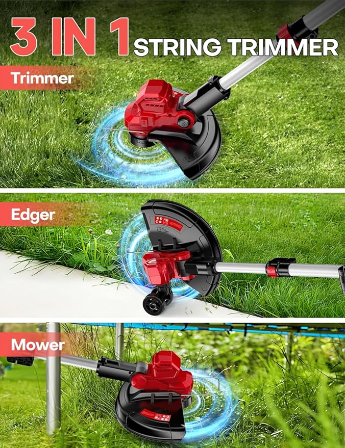 Cordless Weed Wacker, for Milwaukee M18 Battery, 3 IN 1 Battery Powered Weed Eater & Edger & Mower with Auto Line Feed, 20000 RPM 12 Inch Brushless Grass Trimmer, 6 Line Spools String Trimmer for Lawn