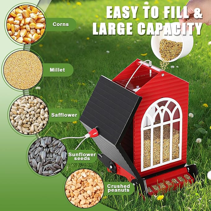 Squirrel Proof Bird Feeder for Outdoors,5LB Large Capacity,Metal Wild Bird Seed Feeder with Bilateral Weight-Activated Perches for Outside Hanging,Finch,Cardinal,Blue Jay,Garden Decoration,Red
