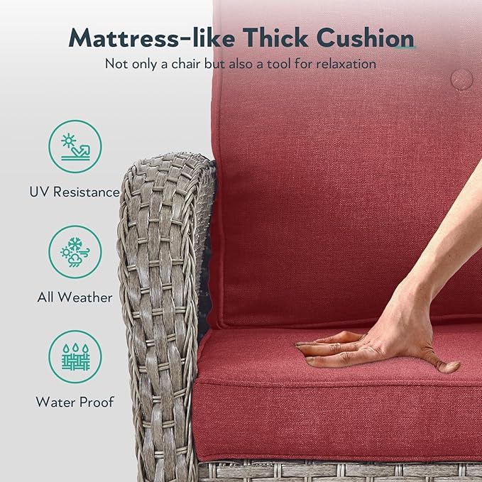 Outdoor Swivel Glider Rocker Chairs - 3 Piece Wicker Patio Furniture Set, All Weather Patio Bistro Sets with Glass Side Table for Balcony Porch Deck Backyard - Grey Wicker Red Cushion