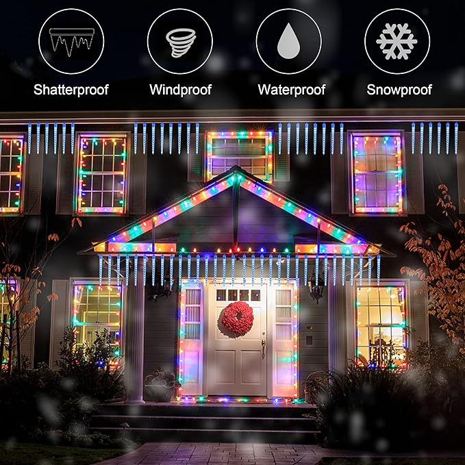 WATERGLIDE Meteor Shower Lights, 12" Outdoor Icicle Christmas Lights 8 Icicles 192 SMD LED Crystal Ice Falling Light, Connectable Raindrop Iciclelight, Xmas Winter Party Tree Holiday Decor, Blue