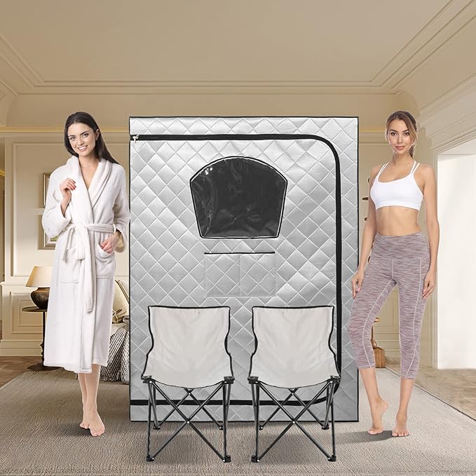 Gollense Portable Sauna for Home 2 Person Steam Tent with 2 Folding Chairs, Full Size Large Foldable Indoor Steam Box for Relaxation, Steamer NOT Included, Sliver