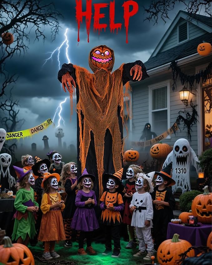Joomer Animated Halloween Decorations Outdoor, Life-Size Animatronic Standing Pumpkin Man Decoration with Spooky Sound Activated Sensor for Haunted House, Party, Indoor,Outdoor Halloween Decoration