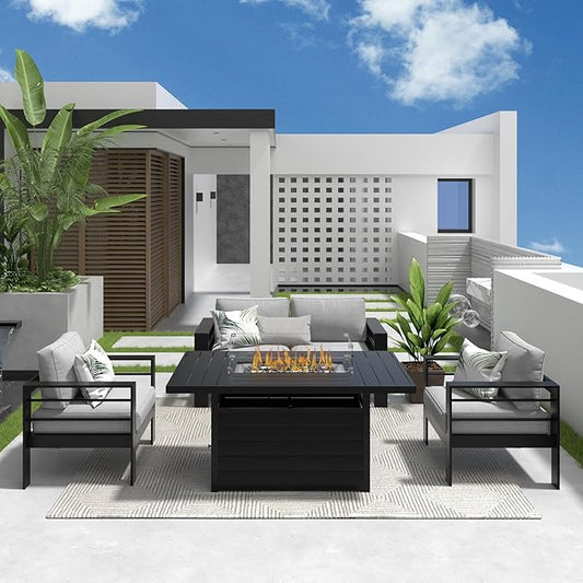 Solaste Aluminum Patio Furniture Set with Fire Pit Table, 4 Piece Metal Outdoor Furniture with Water-Resistant Cushions, Modern Patio Conversation Set for Backyard,Black Frame and Grey Cushion