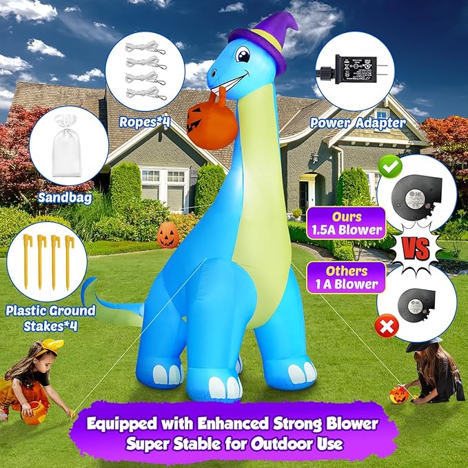12Ft Giant Halloween Inflatable Decorations Dinosaur, Build-in LEDs & Strong Blower Bite Huge Pumpkin with Witch Hat Large Blow Up Halloween Yard Outdoor Indoor Holiday Party