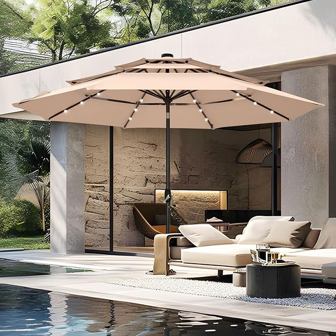 PHI VILLA 10ft Patio Umbrella with Solar Lights, Outdoor 3 Tier Vented Large Market Table Umbrella with 8 Sturdy Ribs and 1.5" Umbrellla Pole for Lawn Poolside Garden Terrace, Beige