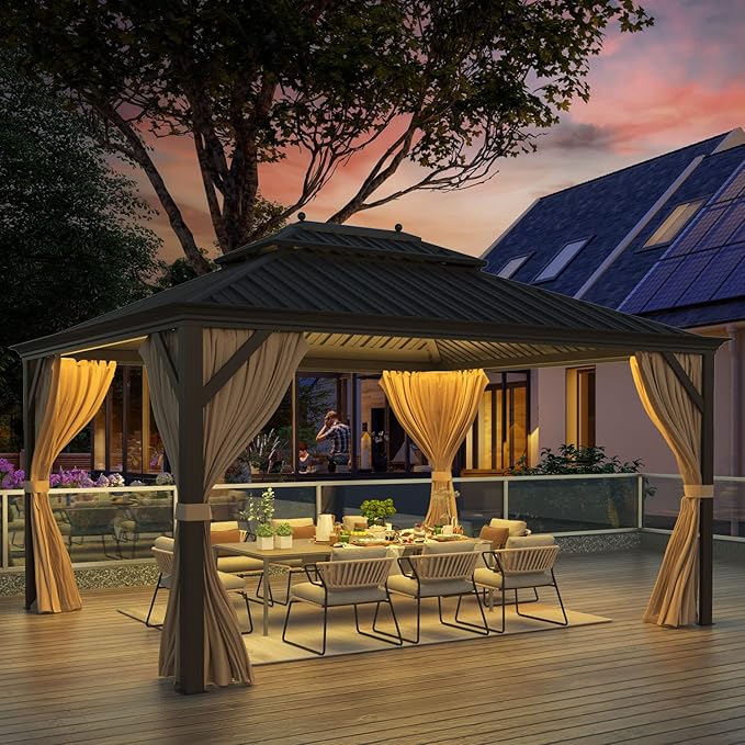 MELLCOM 10'x12' Hardtop Gazebo with Galvanized Steel Double Roof, Canopy Aluminum Frame, Curtains and Netting Included, Metal Outdoor Gazebos for Patios, Garden, Lawns, Parties