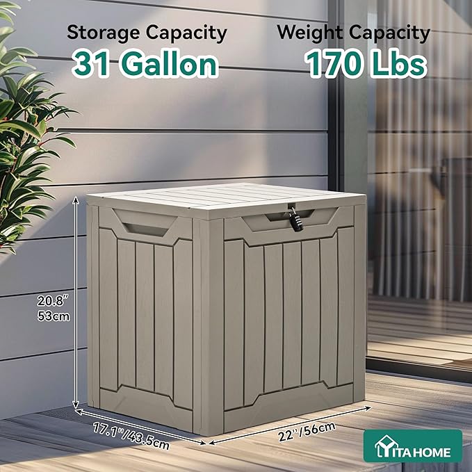 YITAHOME 31 Gallon Resin Deck Box Outdoor Storage Box and Waterproof Package Delivery Box with Lockable Lid forPatio Furniture, Garden Tools, Pool Supplies, Taupe