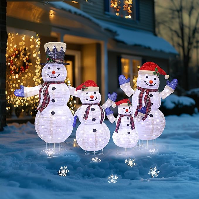 4-Piece 3D Lighted Snowman Family Set Outdoor Christmas Decorations Weather-Resistant Christmas Collapsible Snowmen Yard Decor for Yard Patio with LED Lights & Stakes