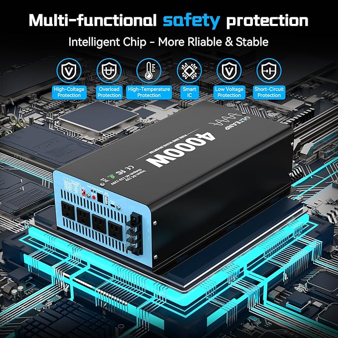 New Upgraded 4000 Watts Pure Sine Wave Inverter, 12V DC to 110V AC Power Inverter with 4 AC Outlets, USB Port, Type-C Port for Truck, Vehicle, Power Outage, Remote Control with LCD Screen
