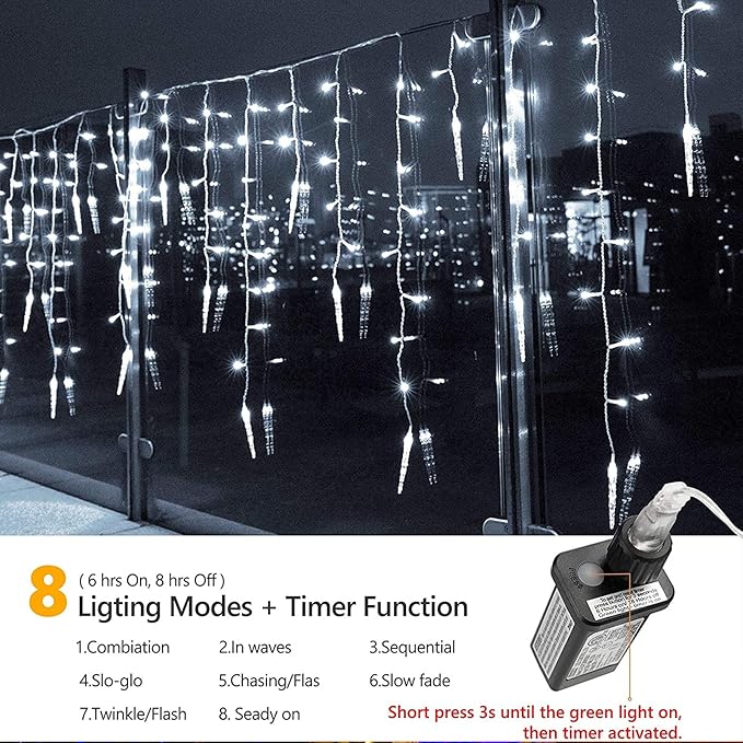 Icicle Christmas Lights, 29.5ft 360 LED Connectable Icicle String Lights with 60 Drops, Window Curtain Fairy Light with 8 Modes, Christmas Fairy Twinkle Light for Garden Eaves Xmas Decorations (White)
