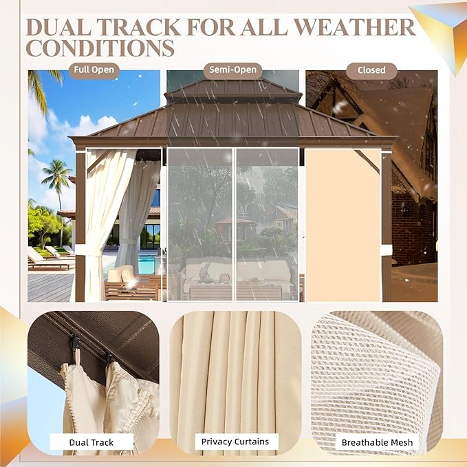 YOLENY 10' x 12' Gazebo, Galvanized Steel Double Roof Hardtop Gazebo with Aluminum Frame, Permanent Outdoor Metal Pavilion with Curtain and Netting for Patio, Lawn and Garden