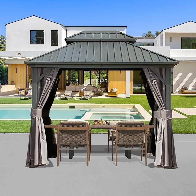 Domi 8' x 10' Hardtop Gazebo Permanent Metal Gazebo with Galvanized Steel Double Roof, Curtains and Netting for Party, Wedding, Outdoor Dining, Patio, Backyard, Grey