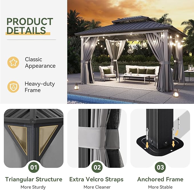Aoxun 10'x14' Hardtop Gazebo, Aluminum Frame Canopy with Double Galvanized Steel Roof, Outdoor Metal Pavilion with Netting, Curtains for Backyard, Patio and Deck