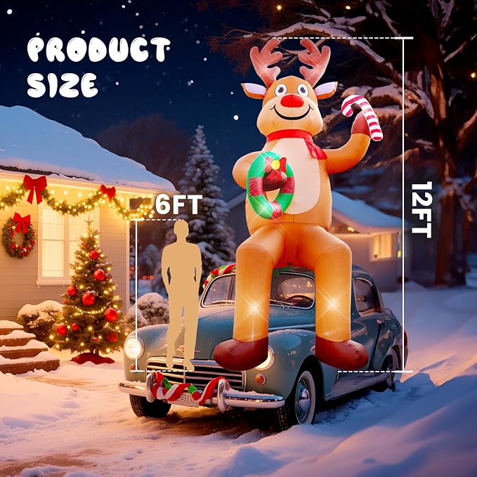 12FT Christmas inflatables, Christmas Inflatable Outdoor Decoration Sitting Reindeer with Built-in Led Lights, Christma Blow Ups Outdoor Roof Yard Lawn Xmas Decor