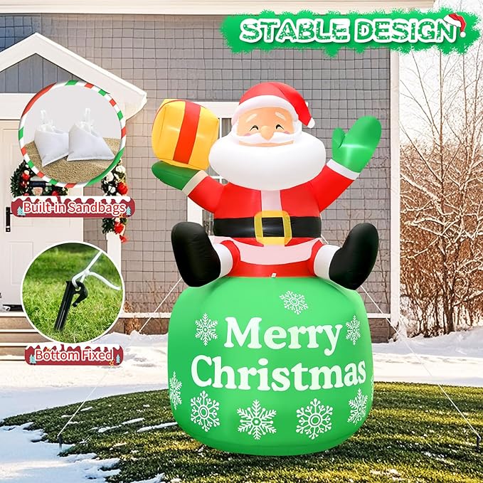 2025 Christamas Inflatable Santa 8FT Sitted Santa Claus with Gift Box Christamas Inflatables Outdoor Decorations Xmas Santa Blow Up Yard Decor with Built-in 5 LEDs for Holiday Party Yard Garden Lawn