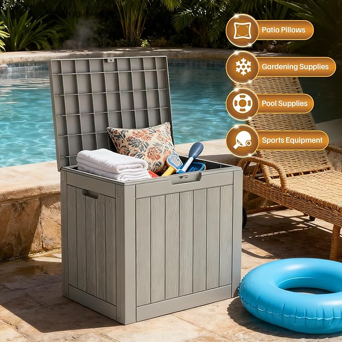 31 Gallon Deck Box, Small Outdoor Storage Box Waterproof, UV-Resistant and Weatherproof Outside Resin Storage Bin for Outdoor Patio Furniture Pillows, Pool Supplies, Garden Tools, Light Brown