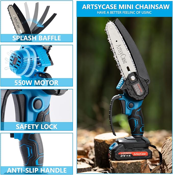 ArtsyCase Mini Chainsaw 6-inch Cordless, Portable chainsaws, Small Handheld Chain Saw for Tree Trimmer, Wood and Bamboo Cutting, Chain saws Gifts for Husband, Dad(1 Battery+ 1 Chain+ 1 Bars)