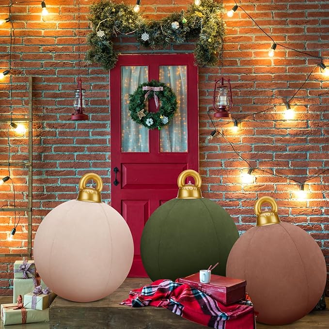 Jetec 3 Pcs 32 Inch Giant Velvet Christmas Inflatable Balls Ornament Flocked Xmas PVC Inflatable Flocked Ball Ornaments for Christmas Holiday Outdoor Blow up Yard Decor(Brown, Khaki, Green)