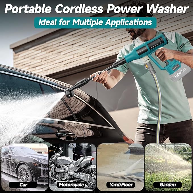 Cordless Power Washer for Makita 18V Battery, Portable Handheld Pressure Washer 700 PSI, with 5M Hose, 6-in-1 Nozzle, 4-Speed Settings, Battery Operated Pressure Washer for Car Floor Fence (Tool Only)
