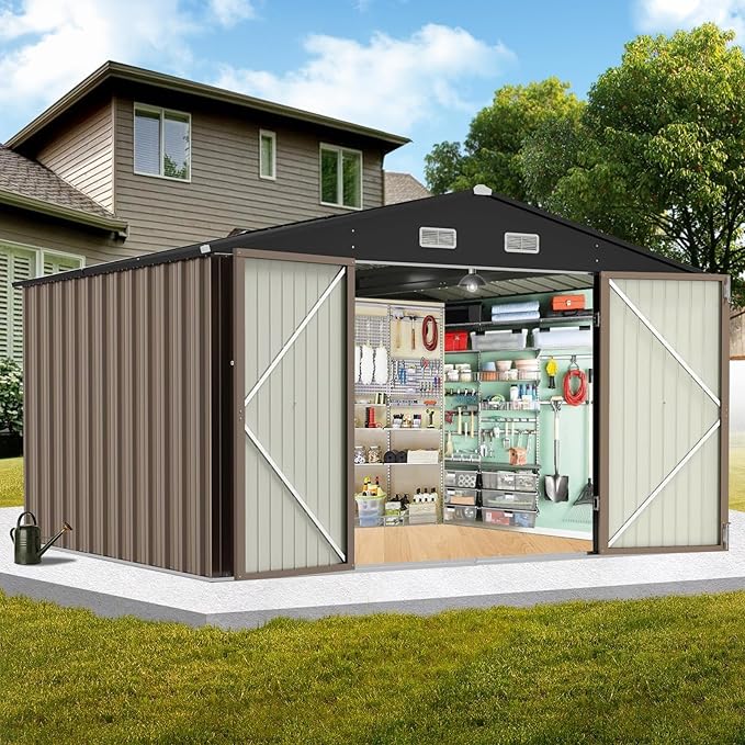 12X10FT Metal Outdoor Storage Shed - Galvanized Steel Waterproof Garden Shed with Lockable Doors & Vents, All-Weather Utility Tool Shed for Lawn Mower, Bike