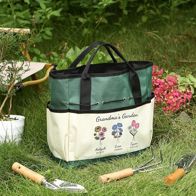Personalized Garden Tools Set for Women: Custom Text Garden Tool Bag and Garden Shovel & Transplant Shovel & Hand Rake - Gardening Gifts for Mom Grandma Gardening Lover (3 Flowers)