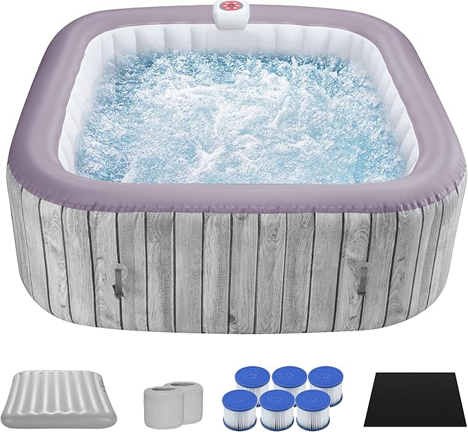 HUGROVE Square Inflatable Hot Tub for 4-6 Person, Portable Outdoor Spa with 130 Bubble Jets, Energy-Efficient Heating up to 100 °F, Smart Control, PVC Material, with Cover (Square)