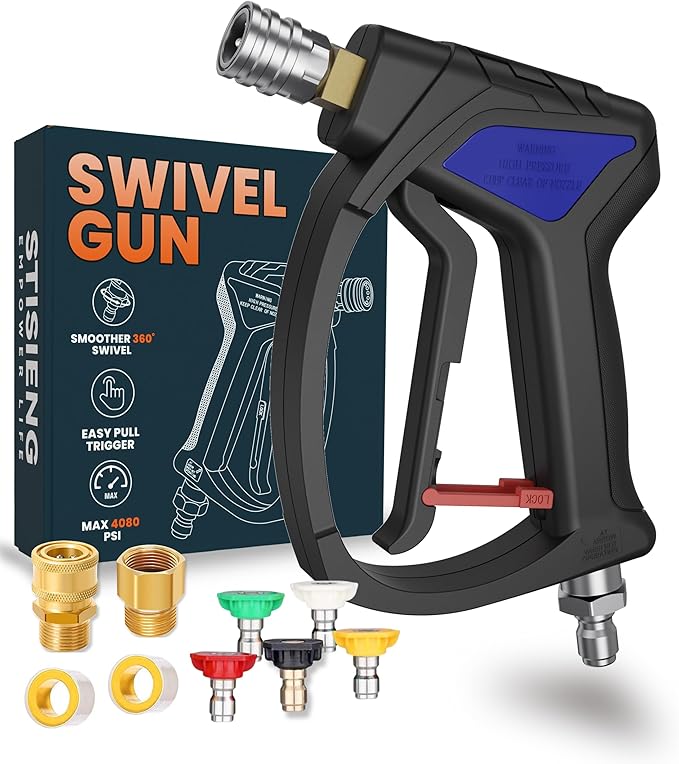 Short Pressure Washer Gun with 360° Swivel, High Pressure Stubby Power Washer Gun Kit with 5 Nozzle Tips, M22-14mm & 15mm Adapters, 3/8" QC for Car Wash Detailing & Cleaning (Black)
